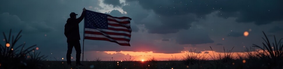 Obraz premium Silhouetted American flag against a dark gray sky with stars and sparks at dusk , stars, patriotic colors