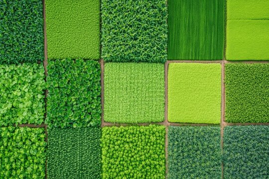 Green Fields Aerial View: Lush, vibrant green fields in a patchwork pattern, seen from a high-angle aerial perspective.  The image offers a tranquil and abundant view of nature's bounty.