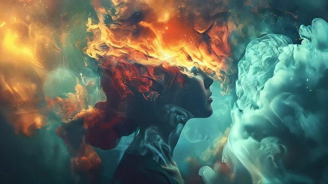 Video of woman&rsquo;s profile with vibrant smoke swirling around her, featuring fiery orange and cool blue tones. Concept of global thinking and introspection, mental health and emotional intelligence