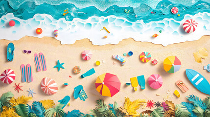 Fototapeta premium Top View of Summer Beach with Umbrellas, Balls, Swim Ring, Sunglasses, and Accessories in Paper Craft Style.