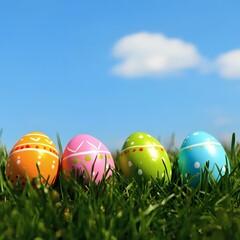 Fototapeta premium colorful easter eggs in green grass under blue sky background