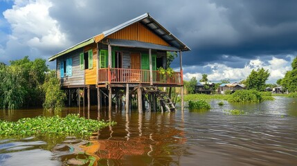 Obraz premium A vibrant wooden home perched above floodwaters with green vegetation floating nearby