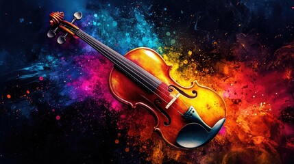 Fototapeta premium A violin with luminous, colorful splashes blending into an abstract artistic background
