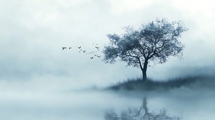 Solitary Tree Birds Fly Away Misty Lake