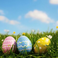 Fototapeta premium colorful easter eggs in green grass under blue sky background