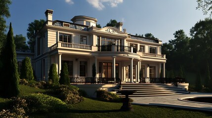 Obraz premium American Style House Exterior Front, Showcasing Symmetry and Elegance