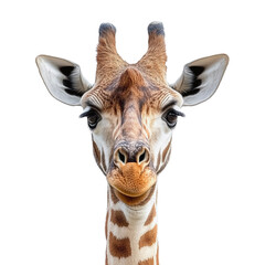 Fototapeta premium A close-up photograph of a giraffe's face against a solid white background.