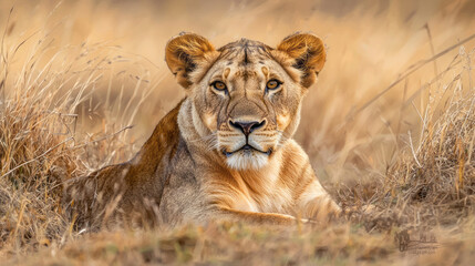 Obraz premium Lioness resting in the African savannah amid golden tall grass