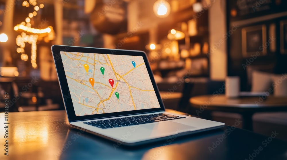 Poster Open laptop displaying online map with colorful location pins sits on table in warm, inviting cafe, suggesting planning or navigating a journey