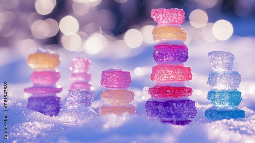 Wall mural A winter wonderland featuring vibrant ice stacks arranged artistically on a pure white snow canvas with a blurred background