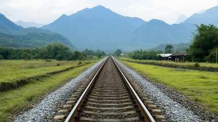 Fototapeta premium Scenic Railway Journey Through Majestic Mountain Range with Train Station