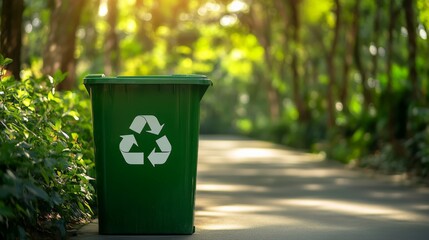 Promoting environmental awareness, a green recycling bin stands in a park, symbolizing responsible waste management and a commitment to eco friendly practices for a sustainable future