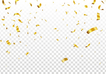 Gold confetti and ribbon streamers falling on a transparent background