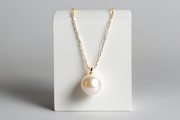 Gold Chain Necklace with Large Pearl Pendant on White Display Stand