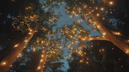 Enchanted Forest with Twinkling Lights Under Starry Night Sky