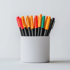 Colorful pens in white desk organizer against plain background isolated design on white background