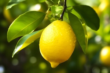 Ripe Lemon Grows on Tree Branch