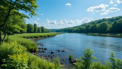 Tranquil Green Landscape with Blue Sky, flowers and Rolling Hills