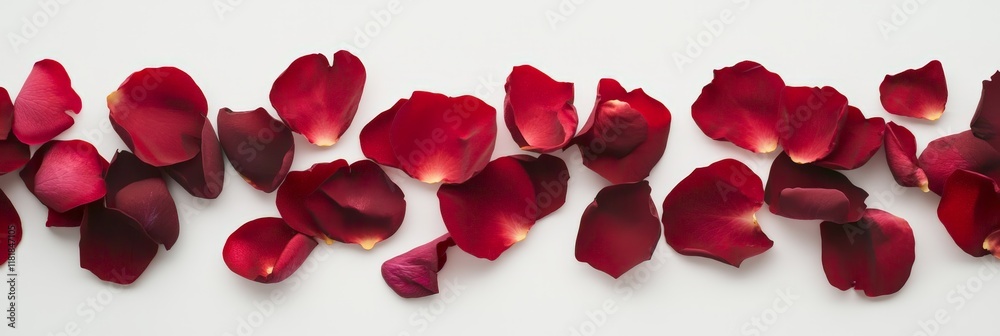 Poster arranging red rose petals in a horizontal line on a white background, creating a romantic and elegan
