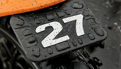 Close-up of a wet number 27 plate on a motorbike fender, showcasing texture and raindrops.