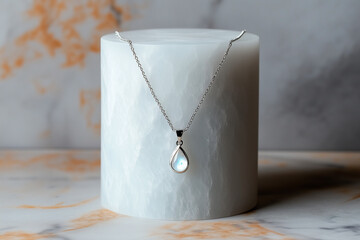 Silver Chain Necklace with Moonstone Teardrop Pendant on Marble Stand