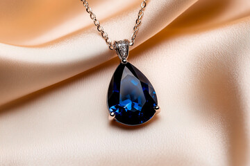 Silver Chain Necklace with Pear-Shaped Dark Blue Gemstone Pendant