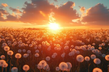 Dandelion field under a vibrant sunset with clouds glowing in warm hues