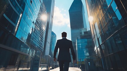 Businessman walking between skyscrapers.