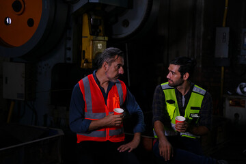 Blue collar workers work together at metal factory.