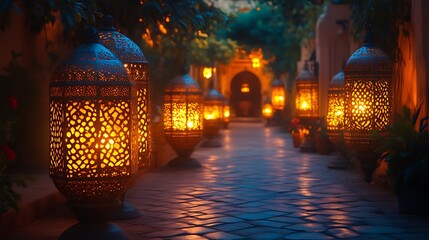 Illuminated pathway with ornate lanterns at night. (1)
