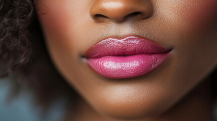 Fototapeta premium Bold beauty expression with pink lipstick, showcasing vibrant and smooth finish. lips are perfectly defined, highlighting transformative power of makeup