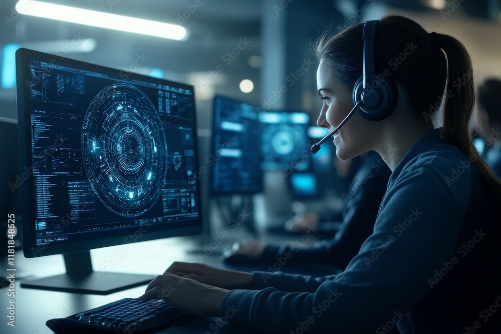 Poster young female operator in headset analyzing data on computer screens in modern control room with futu