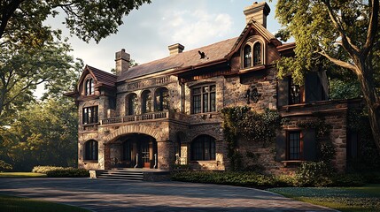 American House Front View with Beautiful Architectural and Design Elements