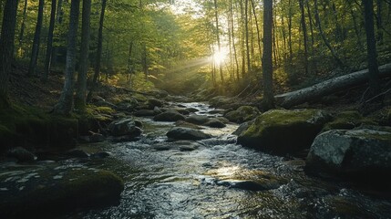 Obraz premium Flowing stream and sunlit forest tranquil nature scene outdoor landscape peaceful environment scenic view serene concept