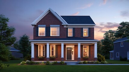 American House Front View with Beautiful Architectural and Design Elements