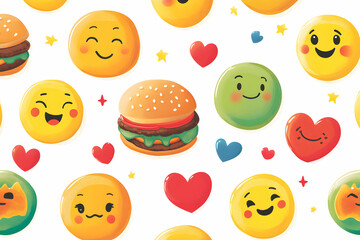 Delightful seamless pattern featuring happy emojis, juicy burgers, and colorful hearts; perfect for kids' products, packaging, or cheerful backgrounds.