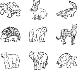 Animals set line art vector on white background.
