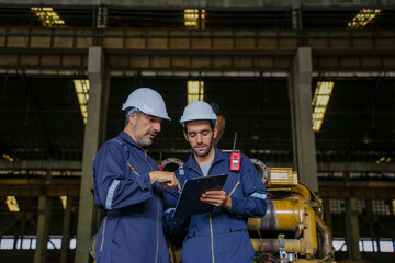Technicians work at train engine repair shop.