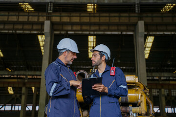 Technicians work at train engine repair shop.