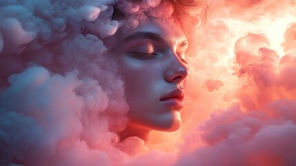 Head of the handsome young man in the soft pink clouds