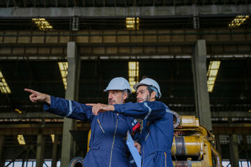 Technicians work at train engine repair shop.