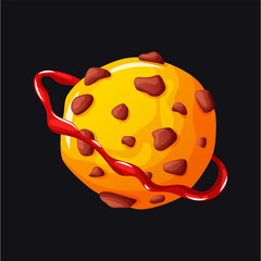 Stylized cookie planet covered in chocolate chunks and encircled by a swirling red sauce.