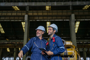 Technicians work at train engine repair shop.