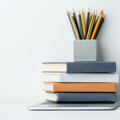 Fototapeta premium Stack of books and pencils on laptop for study inspiration isolated design on white background