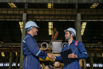 Technicians work at train engine repair shop.