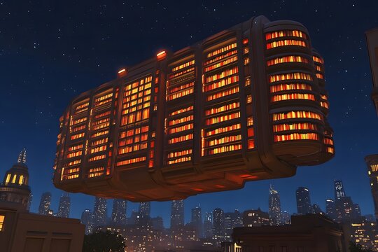 A massive holographic library floating in the sky, with glowing books inside