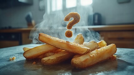 Steaming hot french fries with a question mark shaped seasoning.