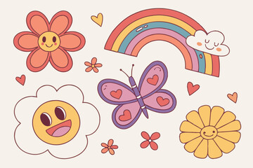 3D colorful cartoon stickers, cute flower designs, heart shapes, rainbow, cloud, butterfly, smiley faces, emoji expressions, vibrant colors, pink, purple, blue, orange, yellow, glossy finish, kawaii s