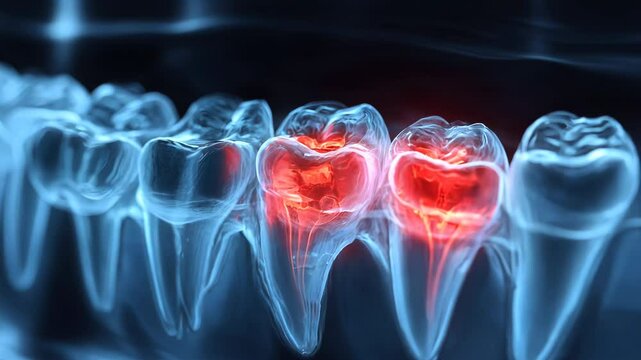 X-ray scan of teeth. Toothache visualization, red. Double exposure photography, blue medical screening, anatomical high contrast realistic illustration, dark background. Pulpitis/oral infection.