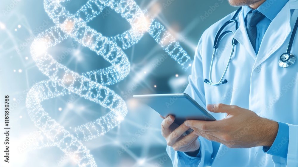 Aufkleber doctor utilizing a tablet while a dna strand serves as a backdrop, symbolizing advancements in medic